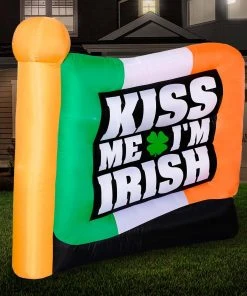 Holidayana 6ft Tall Saint Patrick's Day "Kiss Me I'm Irish" Flag Lawn Inflatable, Bright Lights, Built-in Fan, And Included Stakes And Ropes Holiday Decorations