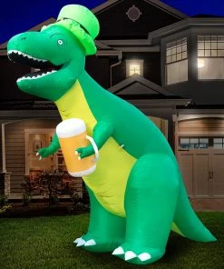 Holidayana Holiday Decorations 8ft Tall Saint Patrick's Day Leprechaun T-Rex Lawn Inflatable, Bright Lights, Built-in Fan, And Included Stakes And Ropes