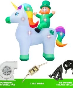 Holidayana 9ft Tall Saint Patrick's Day Leprechaun Riding Unicorn Lawn Inflatable, Bright Lights, Built-in Fan, And Included Stakes And Ropes Holiday Decorations
