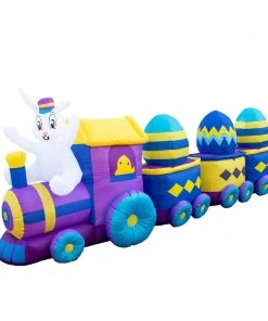 Holidayana Inflatable Easter Bunny Train Decoration With Engine And 3 Cars With Built-In Fan And LED Lights