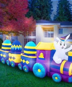 Holidayana Inflatable Easter Bunny Train Decoration With Engine And 3 Cars With Built-In Fan And LED Lights
