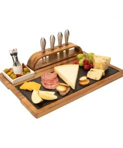 Zelancio Slate Cheese Board, 12 Piece Charcuterie Set Includes 4 Stainless Steel Cheese Knives, Bigger Acacia Serving Tray With Slate Board, And Wood Tool Holder