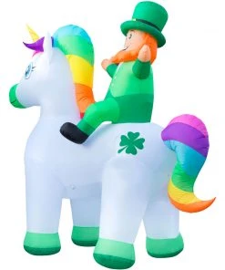 Holidayana 9ft Tall Saint Patrick's Day Leprechaun Riding Unicorn Lawn Inflatable, Bright Lights, Built-in Fan, And Included Stakes And Ropes Holiday Decorations
