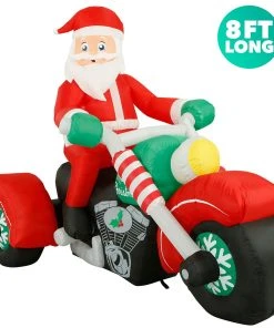 Holidayana HOME GOODS 8 Ft Inflatable Christmas Santa On A Motorcycle Outdoor Decoration With LED Lights, Fan, And Stakes