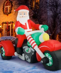 Holidayana HOME GOODS 8 Ft Inflatable Christmas Santa On A Motorcycle Outdoor Decoration With LED Lights, Fan, And Stakes