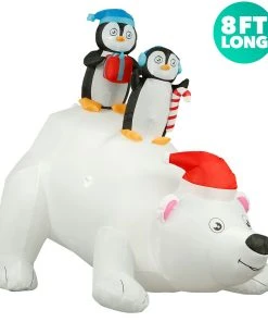 Holidayana 8 Ft Inflatable Christmas Penguins On Polar Bear Outdoor Decoration With LED Lights, Fan, And Stakes