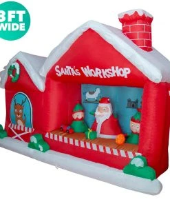Holidayana 8 Ft Inflatable Christmas Santa Workshop Outdoor Decoration With LED Lights, Fan, And Stakes