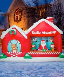 Holidayana 8 Ft Inflatable Christmas Santa Workshop Outdoor Decoration With LED Lights, Fan, And Stakes