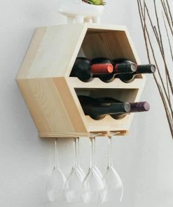 Atterstone HOME GOODS Honeycomb Wine Rack With Hanging Stemware Slots: Holds 5 Bottles And 4 Glasses