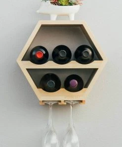 Atterstone HOME GOODS Honeycomb Wine Rack With Hanging Stemware Slots: Holds 5 Bottles And 4 Glasses