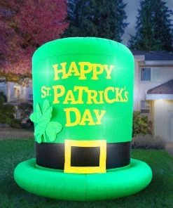 Holidayana Inflatable St Patrick's Day Green Leprechaun Top Hat With Shamrock Decoration With Built-In Fan And LED Lights HOME GOODS