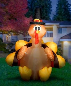 Holidayana Inflatable Turkey With Pilgrim Hat Thanksgiving Decoration With Built-In Fan And LED Lights