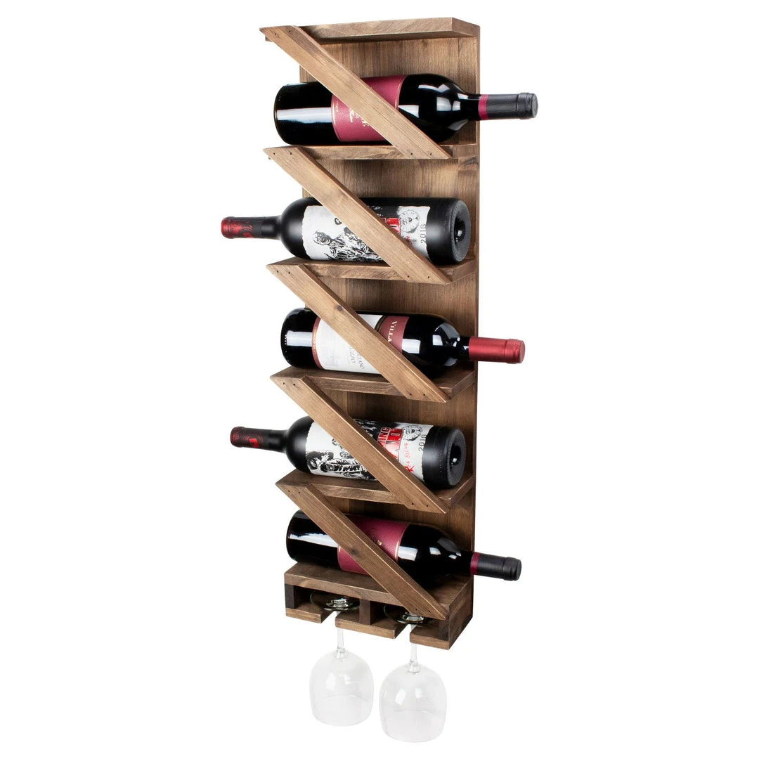 Atterstone Rustic Wine Rack With Hanging Stemware Slots: Holds 5 Bottles And 2 Glasses HOME GOODS 5 Atterstone Rustic Wine Rack With Hanging Stemware Slots: Holds 5 Bottles And 2 Glasses HOME GOODS