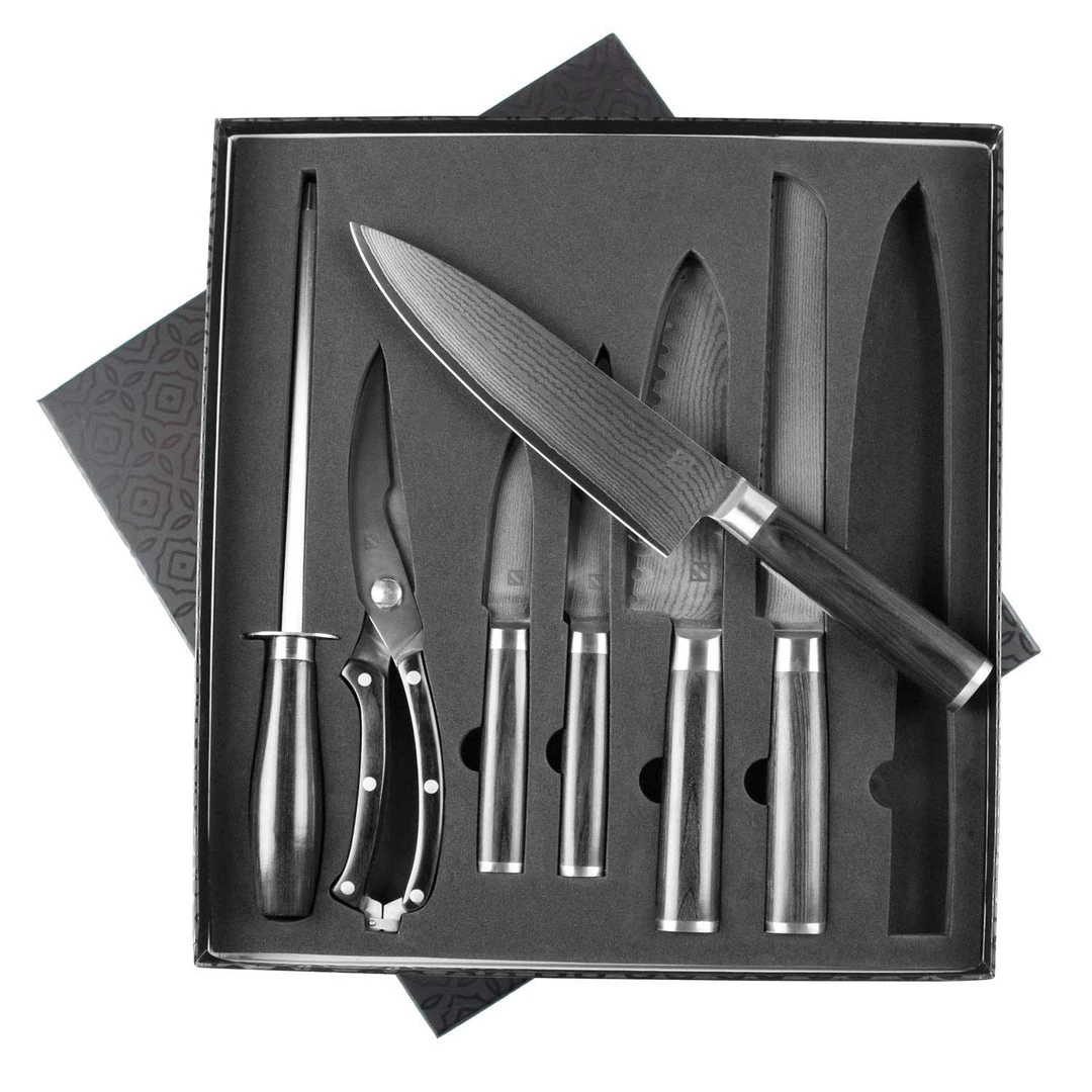 Zelancio HOME GOODS 7 Piece Japanese VG-10 Damascus Steel Chef Knife Set 3 Zelancio HOME GOODS 7 Piece Japanese VG-10 Damascus Steel Chef Knife Set