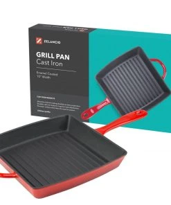 Zelancio 10 Inch Enameled Cast Iron Square Grill Pan